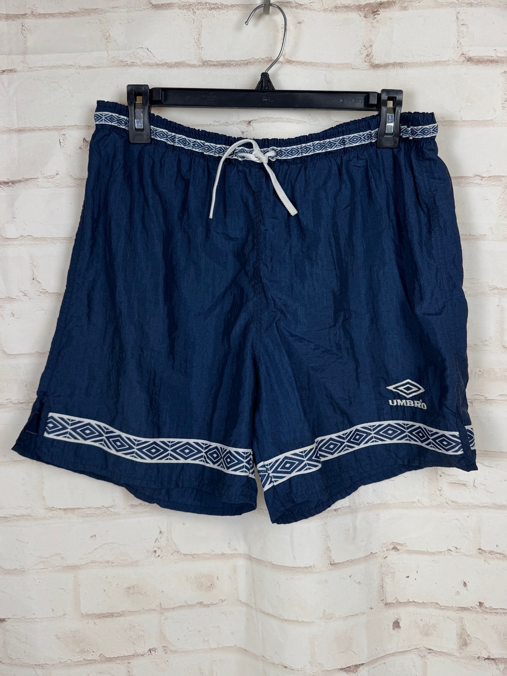 UMBRO VINTAGE Shorts M Nylon USA Made Soccer Football Blue Geometric